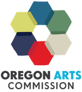 Blue, green, white, red, black, yellow, and light blue Oregon Arts Commission Logo
