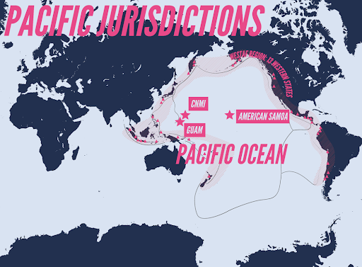 Map of the Pacific Jurisdictions with pink typography