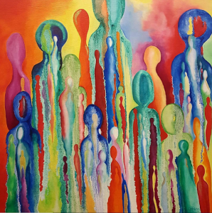 Colorful painting of human shapes against a bright red, yellow and orange background