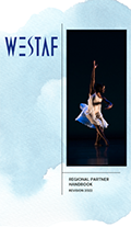 WESTAF's Regional Partner Handbook Cover - blue watercolor background with the WESTAF logo and a dancer in a white dress. Text reads Regional Partner Handbook, Revision 2022