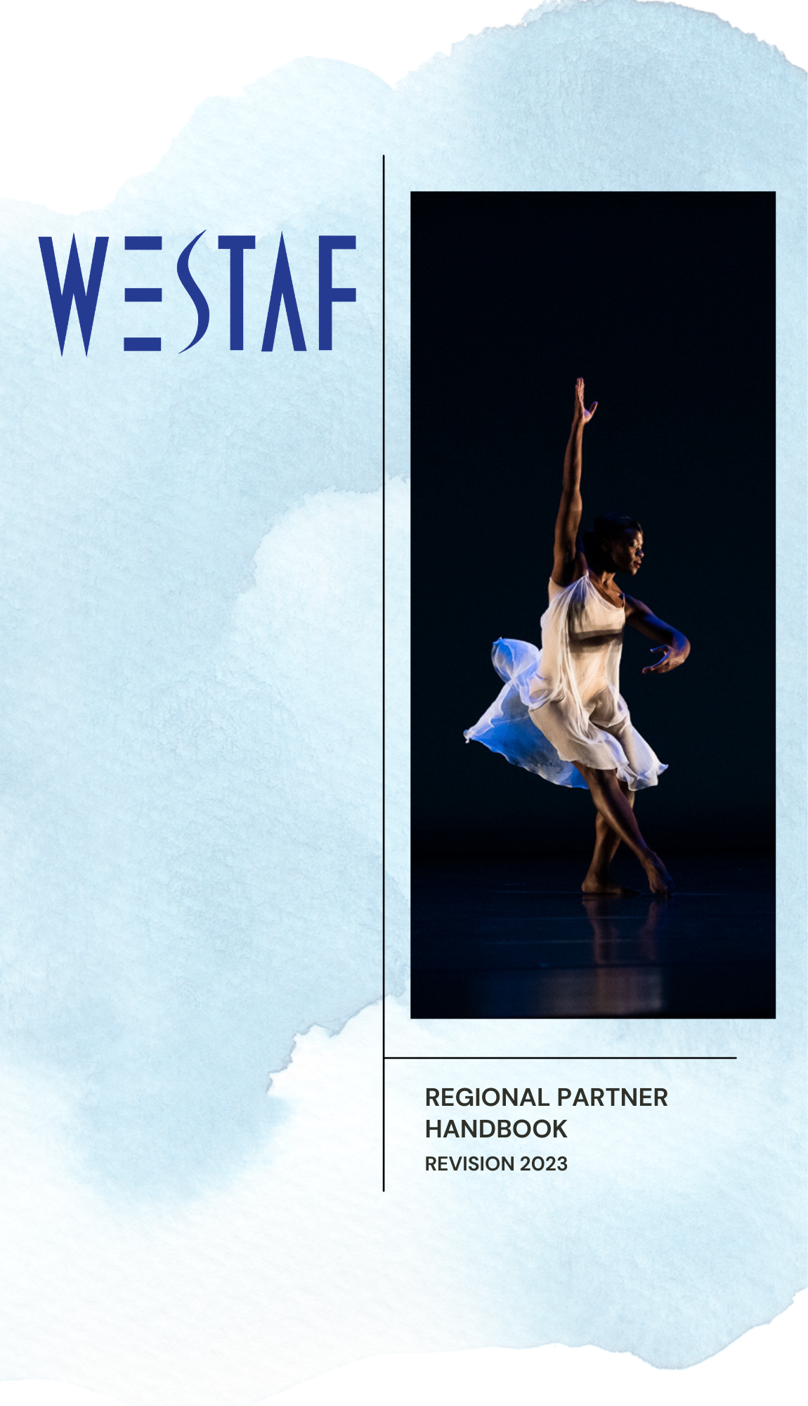 WESTAF's Regional Partner Handbook Cover - blue watercolor background with the WESTAF logo and a dancer in a white dress. Text reads Regional Partner Handbook, Revision 2023